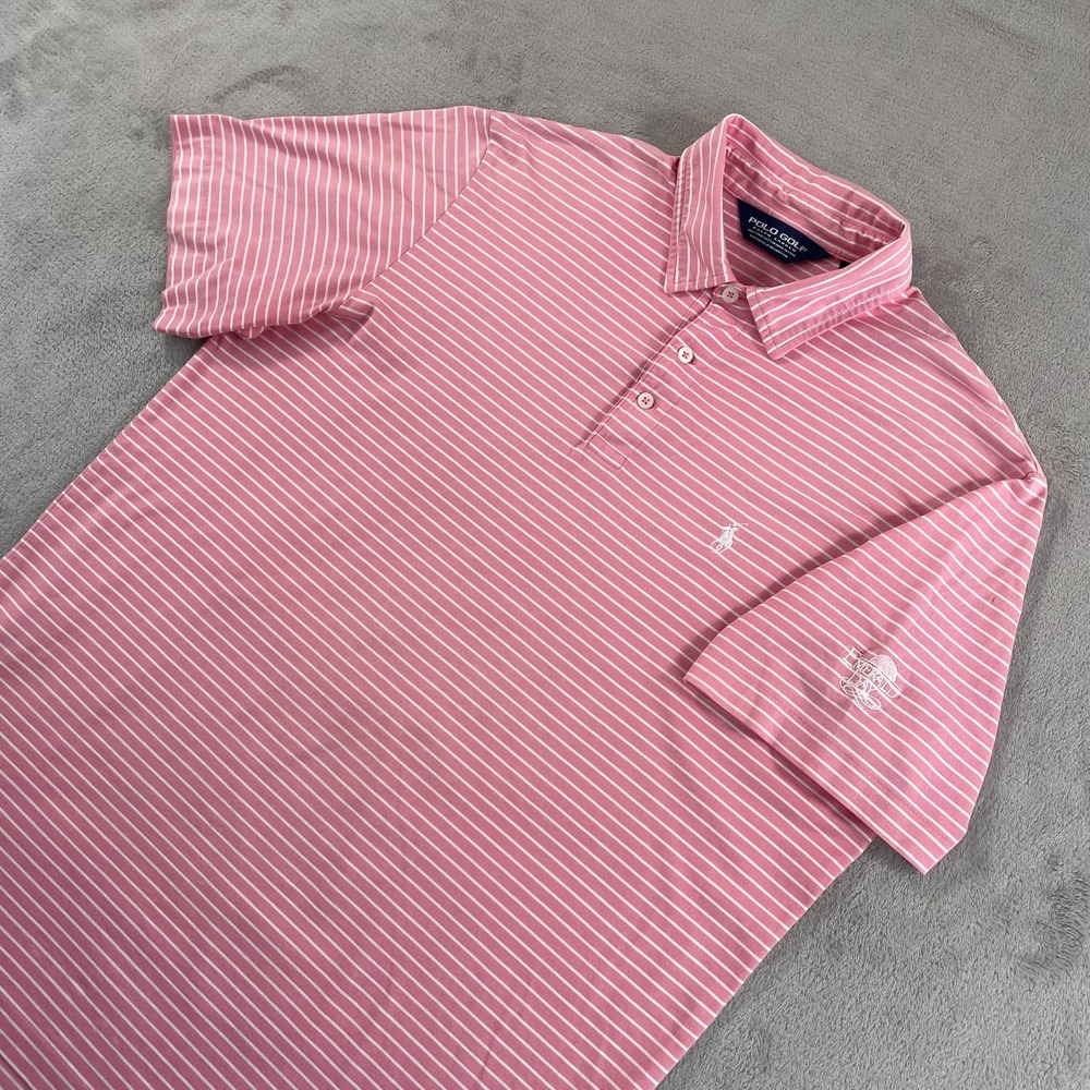Polo Golf x Emerald Bay Club Polo Shirt Men Medium Pink Striped Pima Cotton Pony